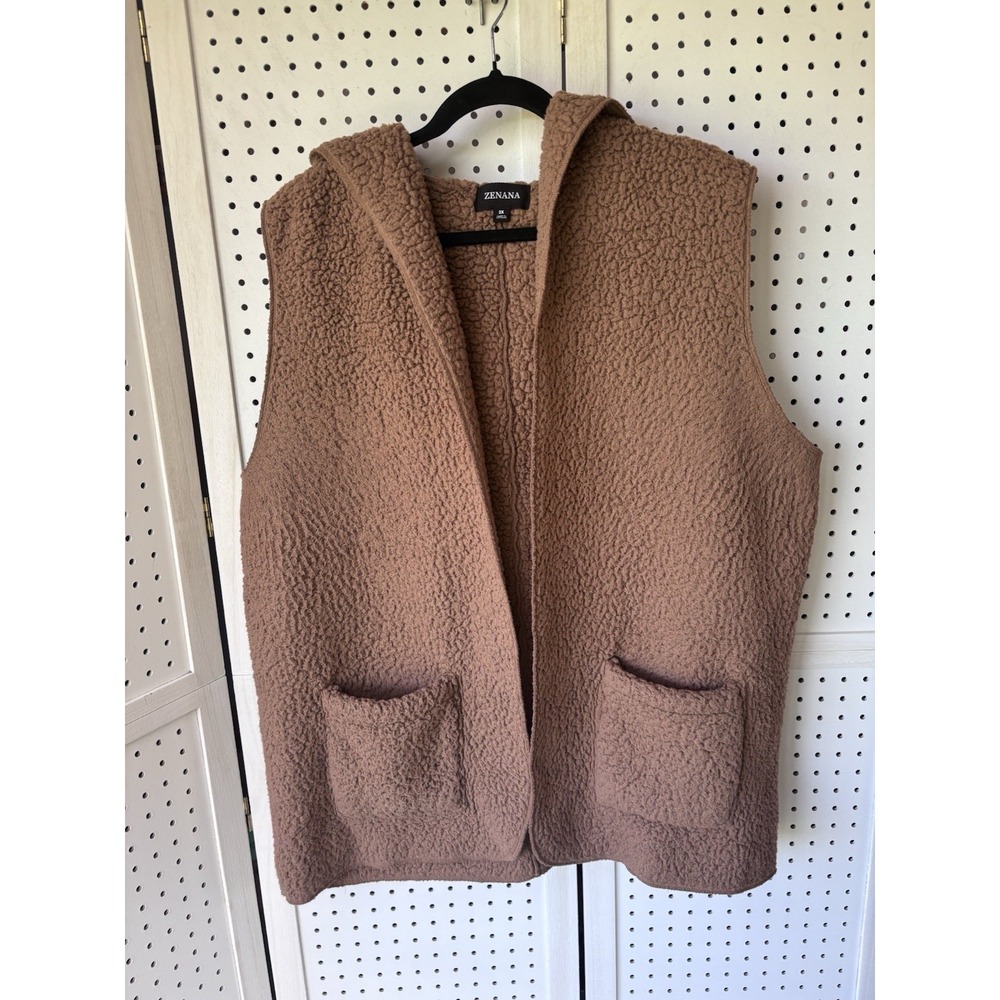 Zenana 2X Hooded Fuzzy Sherpa Vest Open Front Brown
